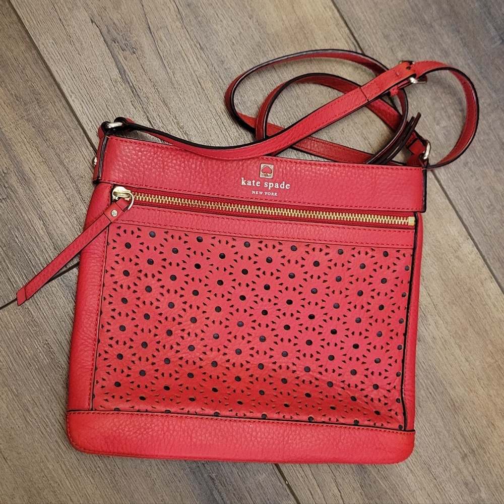 Kate Spade Perri Lane Reidy Red Crossbody Bag Floral Perforated